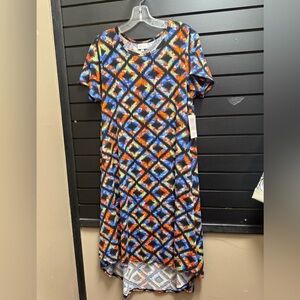 NWT LuLaRoe Carly High-Low A-Line Dress Blue Orange Geometric Size M